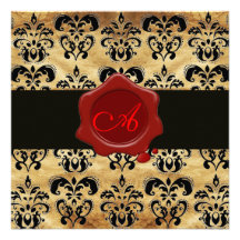 DAMASK PARCHMENT WAX SEAL MONOGRAM,black and brown Custom Announcements