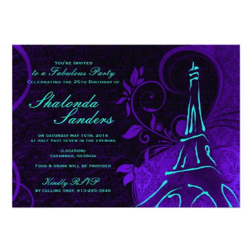 Damask Parisienne: Electric Teal & Purple Birthday Invitations