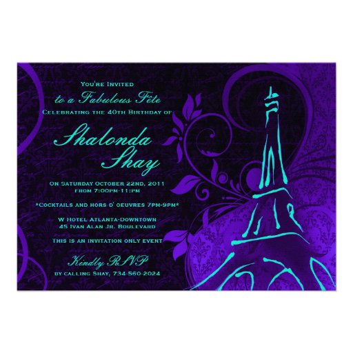 Damask Parisienne: Electric Teal & Purple Birthday Invite