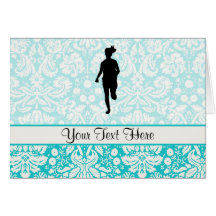 Damask Pattern; Girl Running Greeting Cards