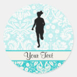 Damask Pattern; Girl Running Round Stickers