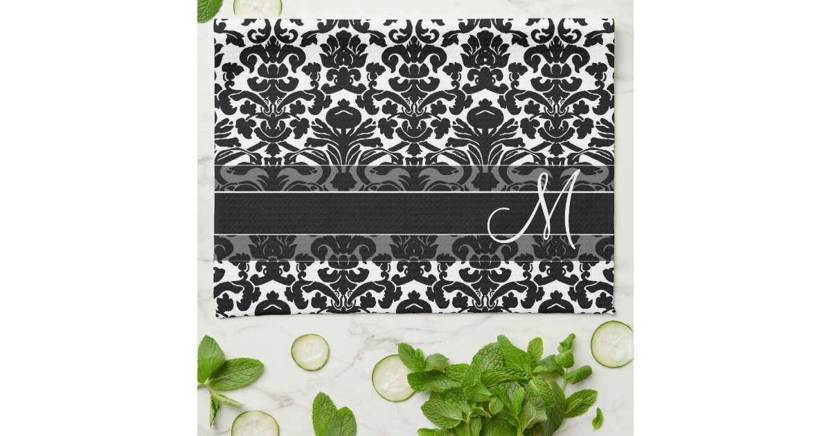 Damask Pattern with Monogram Black and White Hand Towels Zazzle