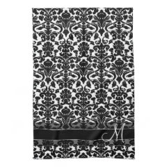Damask Pattern with Monogram - Black and White Kitchen Towels