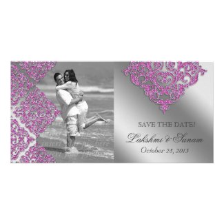 Damask Photo Card Save the Date Sparkle Pink