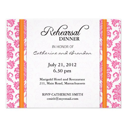 Damask Pink and Orange Rehearsal Dinner Card Invitations