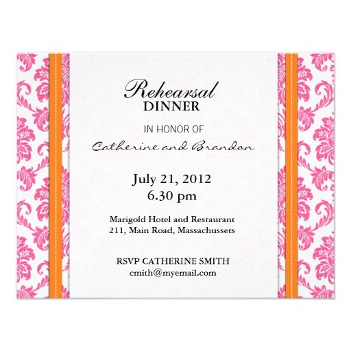 Damask Pink and Orange Rehearsal Dinner Card Invite