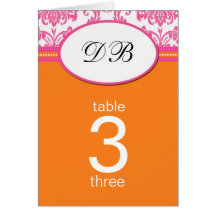 Damask Pink and Orange Wedding Table Number Greeting Card