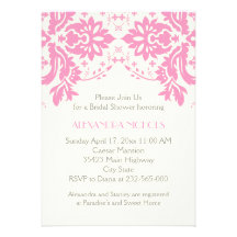 Damask pink, grey, ivory wedding bridal shower custom invitations