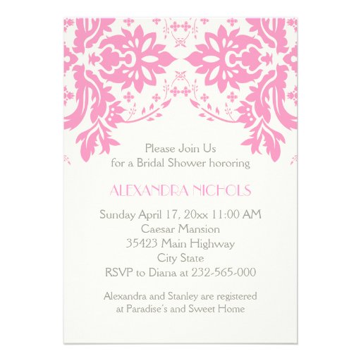 Damask pink, grey, ivory wedding bridal shower custom invitations