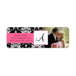 Damask Pink Monogram Photo Wedding Address Labels