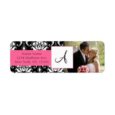Damask Pink Monogram Photo Wedding Address Labels