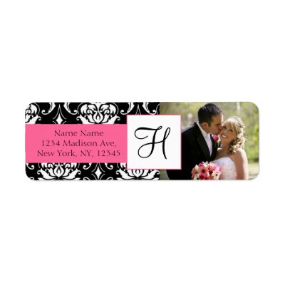 Damask Pink Monogram Photo Wedding Address Labels