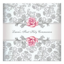 Damask Pink Rose Girls First Communion invitations