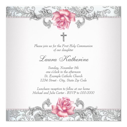 Damask Pink Rose Girls First Communion Custom Invitation