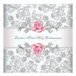 Damask Pink Rose Girls First Communion Invitation