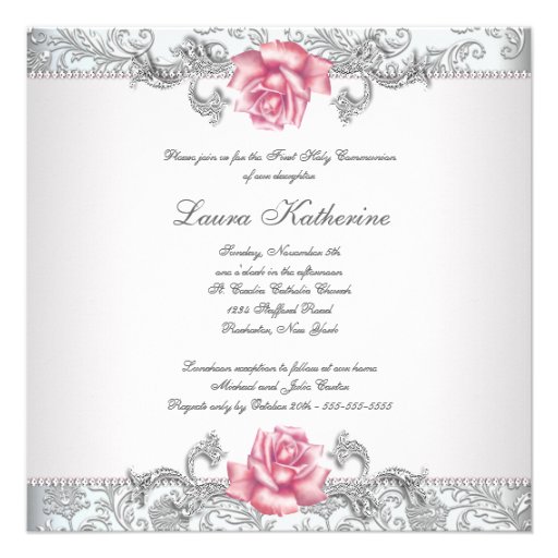 Damask Pink Rose Girls First Communion Invitation