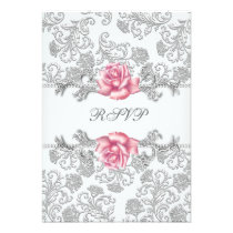 Damask Pink Rose Girls First Communion RSVP invitations