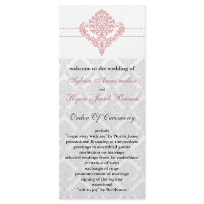 damask  pink Wedding program Full Color Rack Card