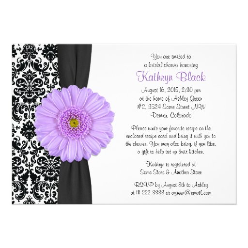 Damask Purple Gerbera Daisy Recipe Bridal Shower Invite