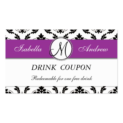 Damask Purple Wedding Free Drink Coupon Card Business Card (front side)