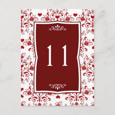 Damask red on  white floral, hearts Table Number Post Card