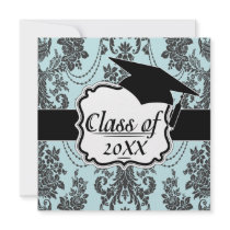 damask roses light blue and black graduation invitations