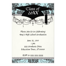 damask roses light blue and black graduation invite