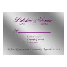 Damask RSVP Wedding Reply Sparkle Purple Silver Announcement