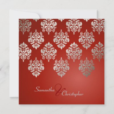 Damask ruby red faux silver wedding invitations by custom stationery