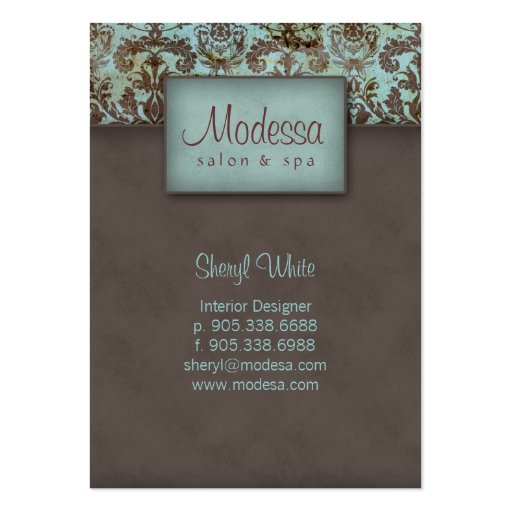 Damask Salon Spa Appointment Card Blue Brown Business Card Template (front side)