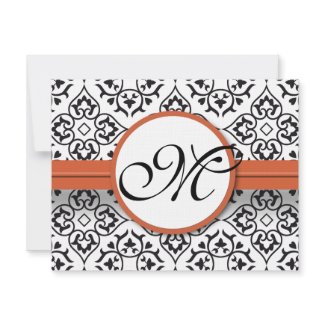 Damask Side Borders Orange Trim Wedding RSVP invitation