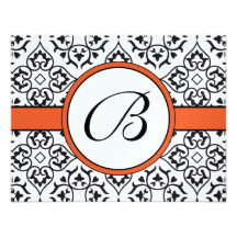 Damask Side Borders Orange Trim Wedding RSVP Invite