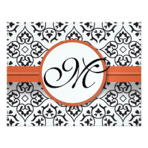 Damask Side Borders Orange Trim Wedding RSVP Custom Invite