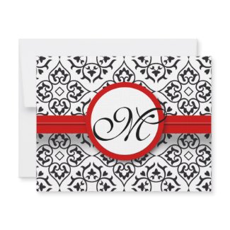 Damask Side Borders Red Trim Wedding RSVP invitation