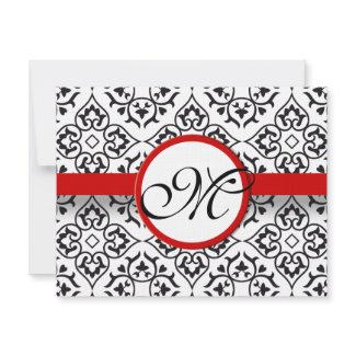 Damask Side Borders Red Trim Wedding RSVP invitation
