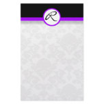 Damask Single Line Purple Monogram Stationery