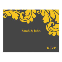 Damask Slate Grey and Strong Yellow RSVP Post Card