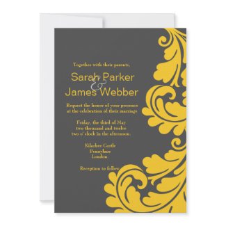 Damask Slate grey and vibrant yellow Wedding invitation