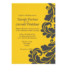 Damask Slate grey and vibrant yellow Wedding Invitations
