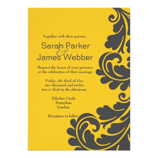 Damask Slate grey and vibrant yellow Wedding Invitations