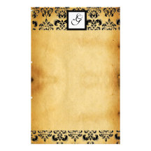 DAMASK SQUARE PARCHMENTMONOGRAM ,black and brown Personalized Stationery