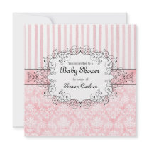 Damask & Stripe Baby Girl Shower Invitation