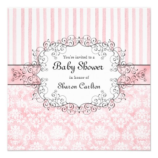 Damask & Stripe Baby Girl Shower Invitation