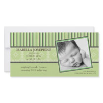 Damask & Stripes Lime Green Birth Announcement Custom Photo Card
