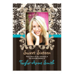 Damask Sweet Sixteen Photo Invitations Aqua Brown