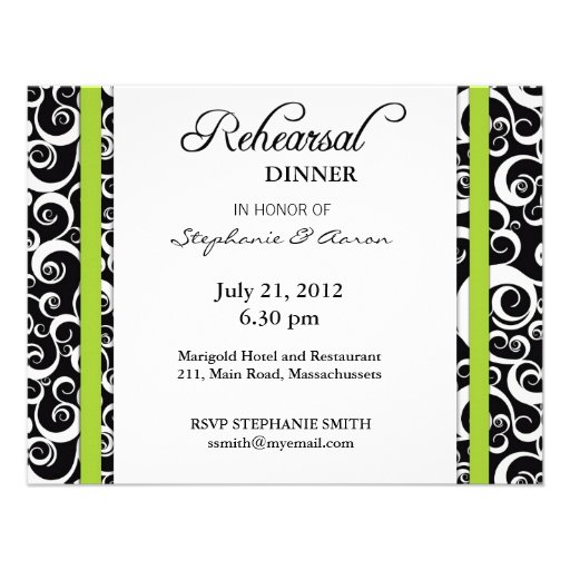 Damask Swirl Rehearsal Dinner Card in Green Custom Invite