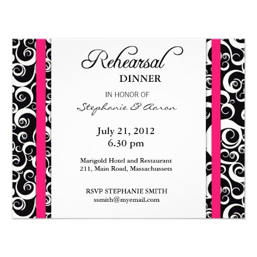 Damask Swirl Rehearsal Dinner Card in Hot Pink Personalized Invitations