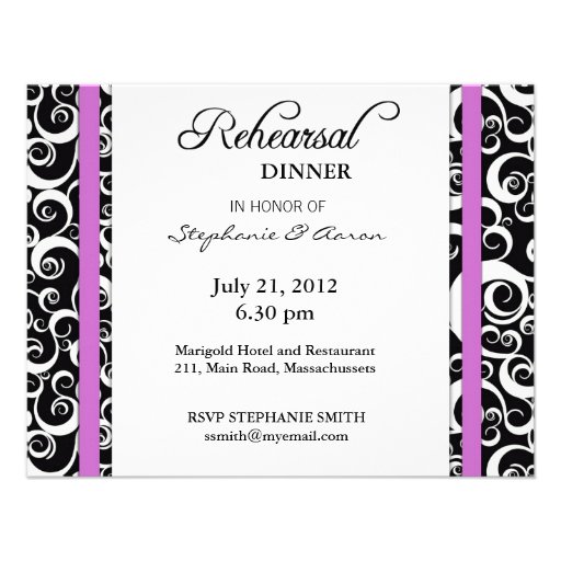 Damask Swirl Rehearsal Dinner Card in Purple Personalized Invitation