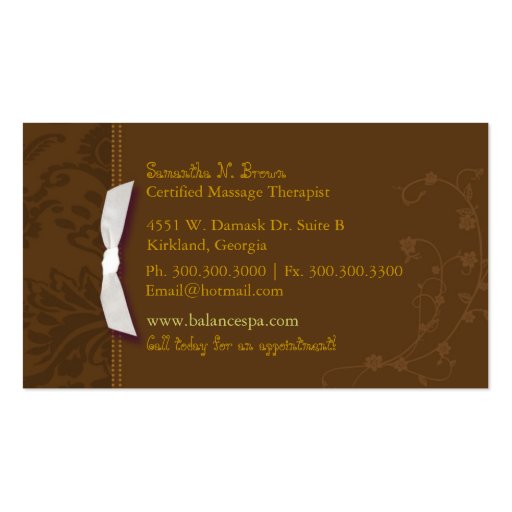 Damask Swirls Spa Massage Therapy Business Cards (back side)