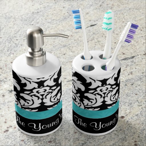 Damask Teal Personalized Soap Dispenser & Toothbrush Holder Zazzle